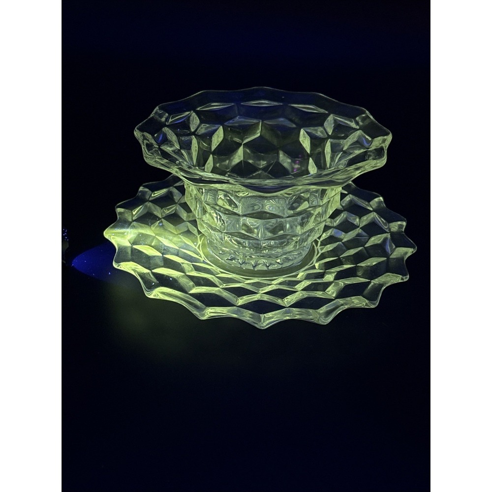 Vintage Fostoria "American" Uranium Glass 2-Piece Set Brilliant UV Glow